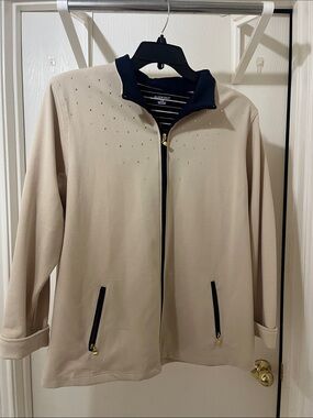Allison Daley Cream Jacket with Navy Trim and Gold Accents